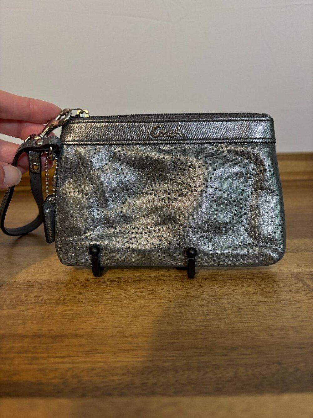 Coach Gunmetal Silver Metallic Perforated C Design Wristlet